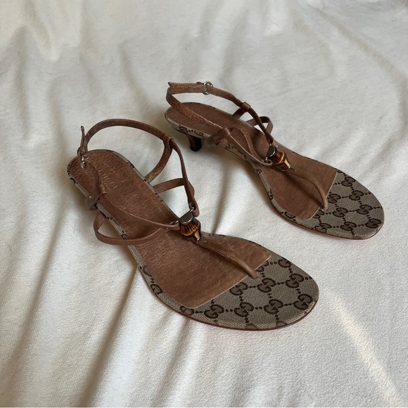Gucci Bamboo Y2K Leather & Canvas Sandals Kitten Heel New Size 40 US 9 - Picture 1 of 7
